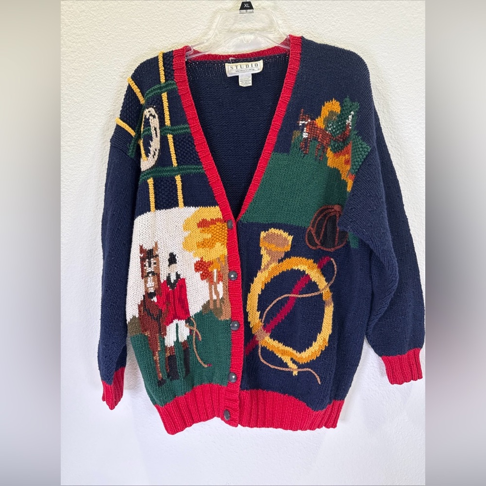 VTG Studio Michelle Stuart Womens Cardigan Sweater Large Horse Polo Equestrian
